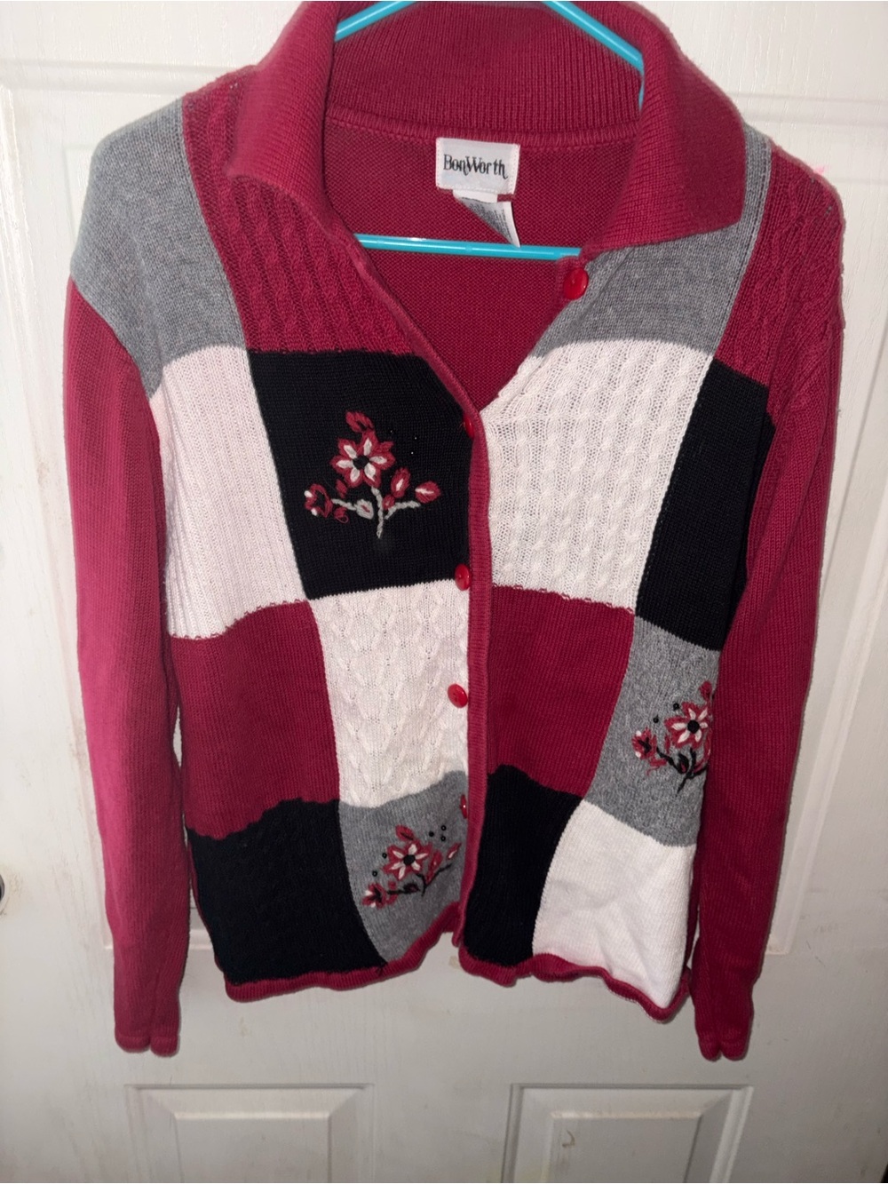 Bon Worth Patchwork Button-Up Cardigan in Red, Black, Gray, White